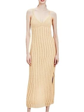 Freshman 1996 Beige Crochet Knit Maxi Slip Dress with Side Slit Size Small